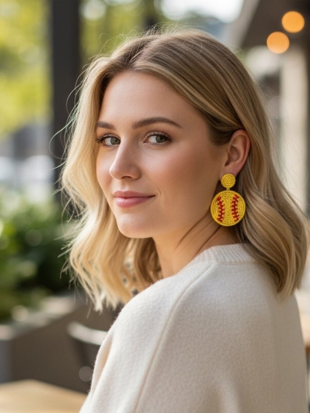 Baseball Yellow Beaded Lightweight Post Earrings - Picture 2 of 5